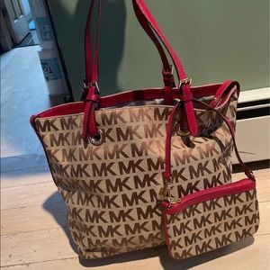 Brown and Red Michael Kors bag with matching Wristlet